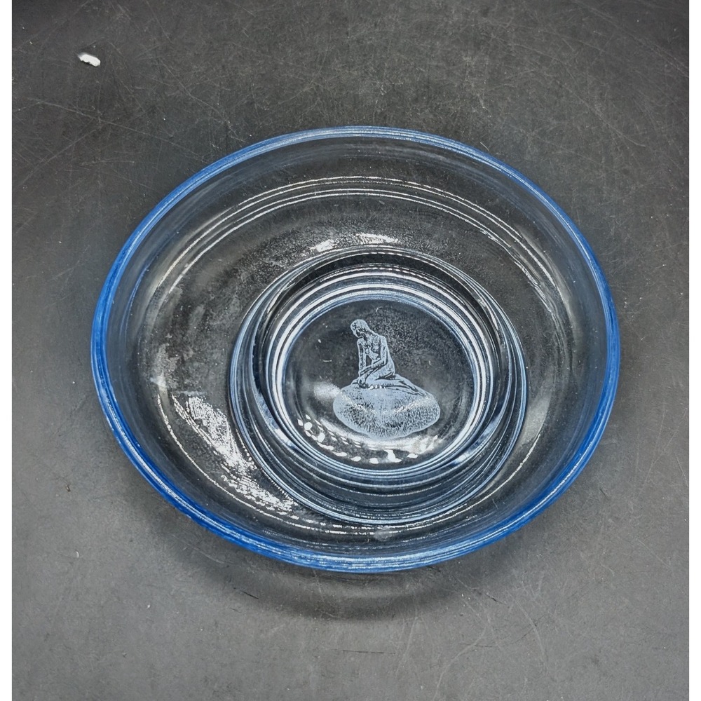 Holmegaard Denmark Blue Rimmed Glass Coaster Etched Little Mermaid Copenhagen